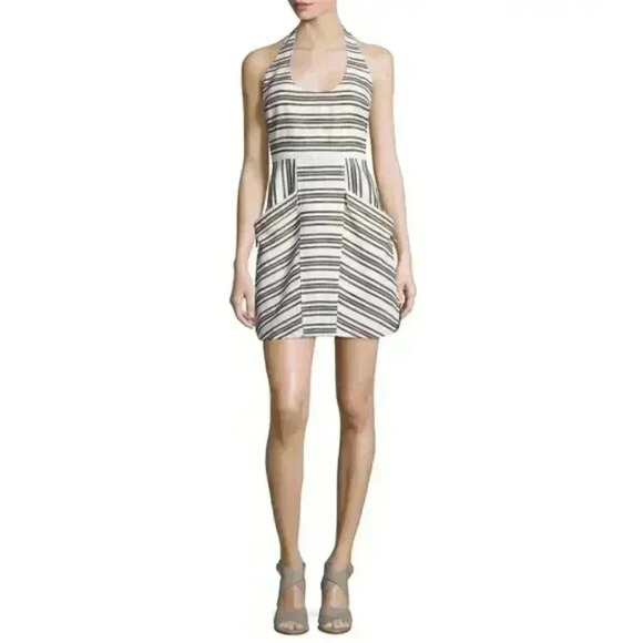 A.L.C White/Black Striped Halter Neck Front Pocket Mini Dress Size 4 - Picture 3 of 14
